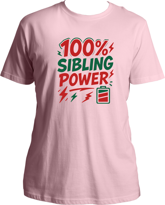 100% Sibling Power Unisex T-Shirt – pink regular fit cotton tee with comic-style battery and lightning design, perfect Rakhi gift for brother or sister