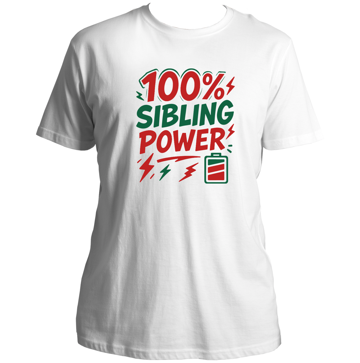 White 100% Sibling Power Unisex T-Shirt with battery and lightning sibling graphic
