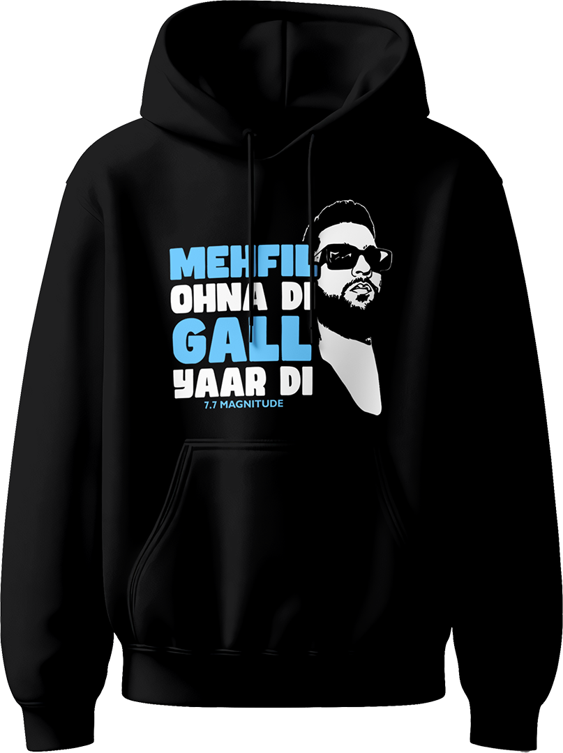 Black unisex hoodie featuring 7.7 Magnitude Karan Aujla design with Mehfil Ohna Di Gall Yaar Di artwork in sky blue and white – Garrari fan merch.
