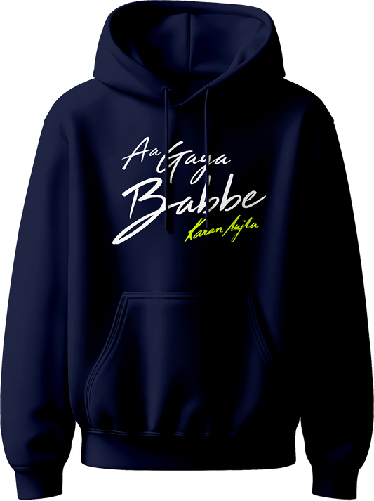 Aa Gaya Babbe Karan Aujla Unisex Hoodie featuring bold lettering inspired by Karan Aujla’s iconic phrase, perfect for fans of Punjabi music and style.