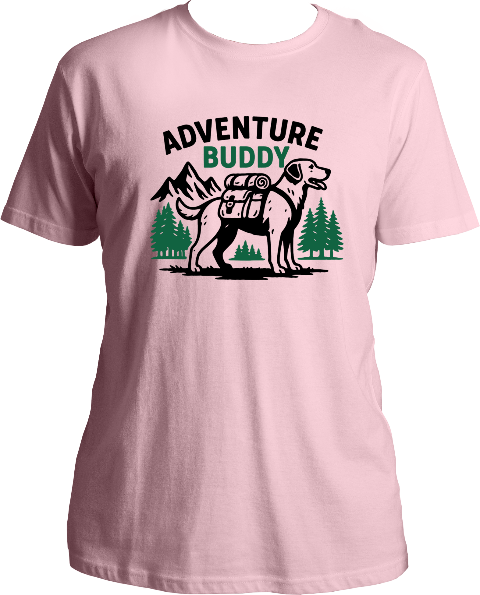 Regular fit t-shirt with Adventure Buddy dog design carrying a backpack and pine tree background.