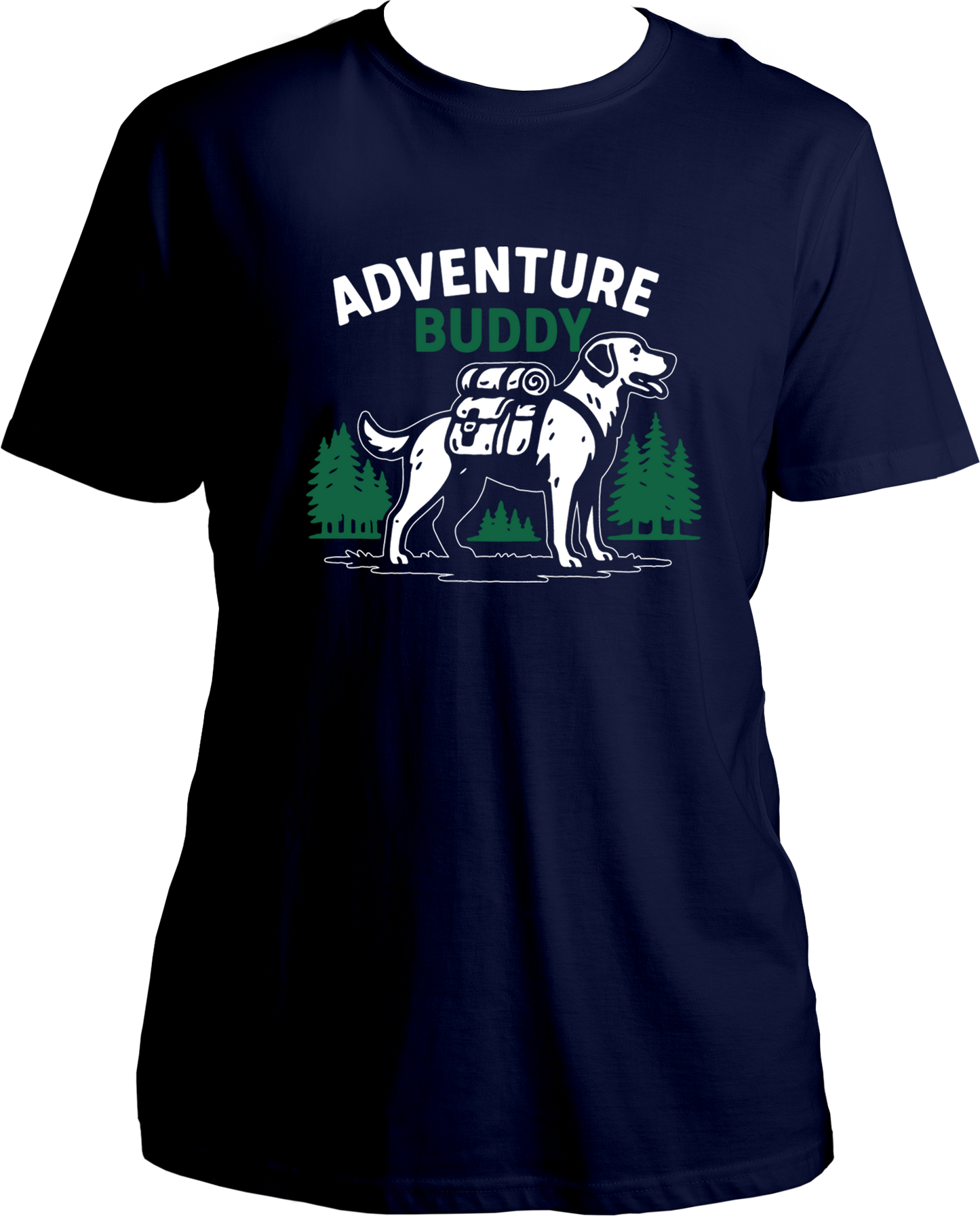 Regular fit t-shirt with Adventure Buddy dog design carrying a backpack and pine tree background.