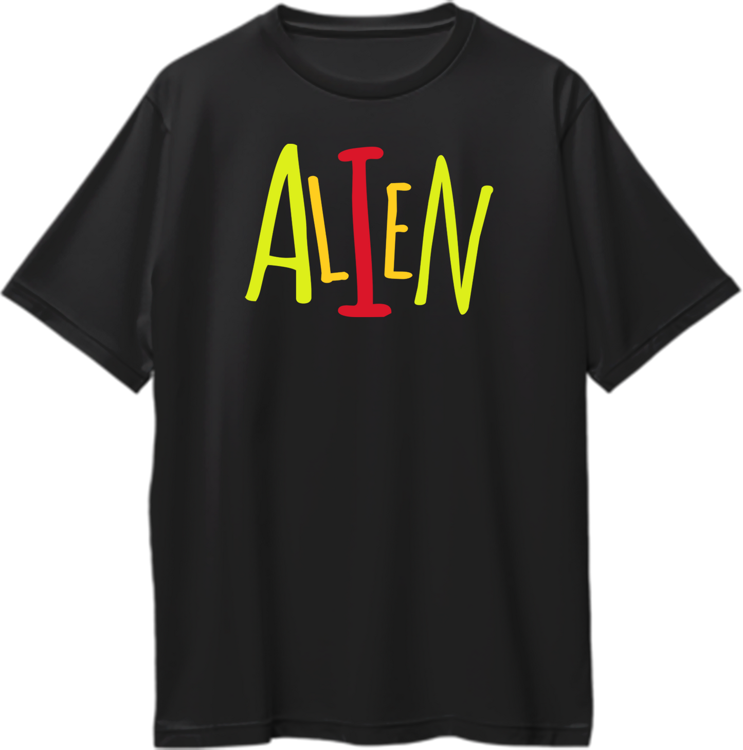 Black Alien oversized T-shirt with playful colorful ALIEN typography by Garrari