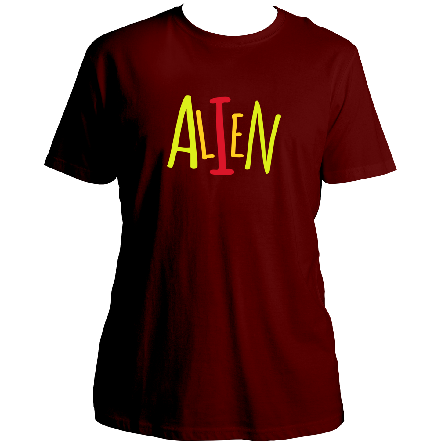 Maroon Alien T-shirt with quirky colorful ALIEN text design by Garrari