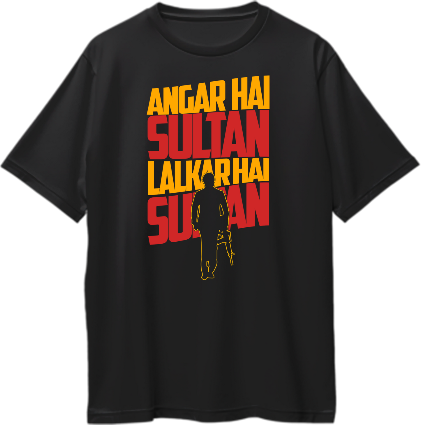 Front view of Angar Hai Sultan KGF Oversized Unisex T-Shirt with bold dialogue and Rocky Bhai graphic.