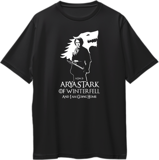 Oversized unisex t-shirt featuring 'Arya Stark of Winterfell' graphic, inspired by Game of Thrones.