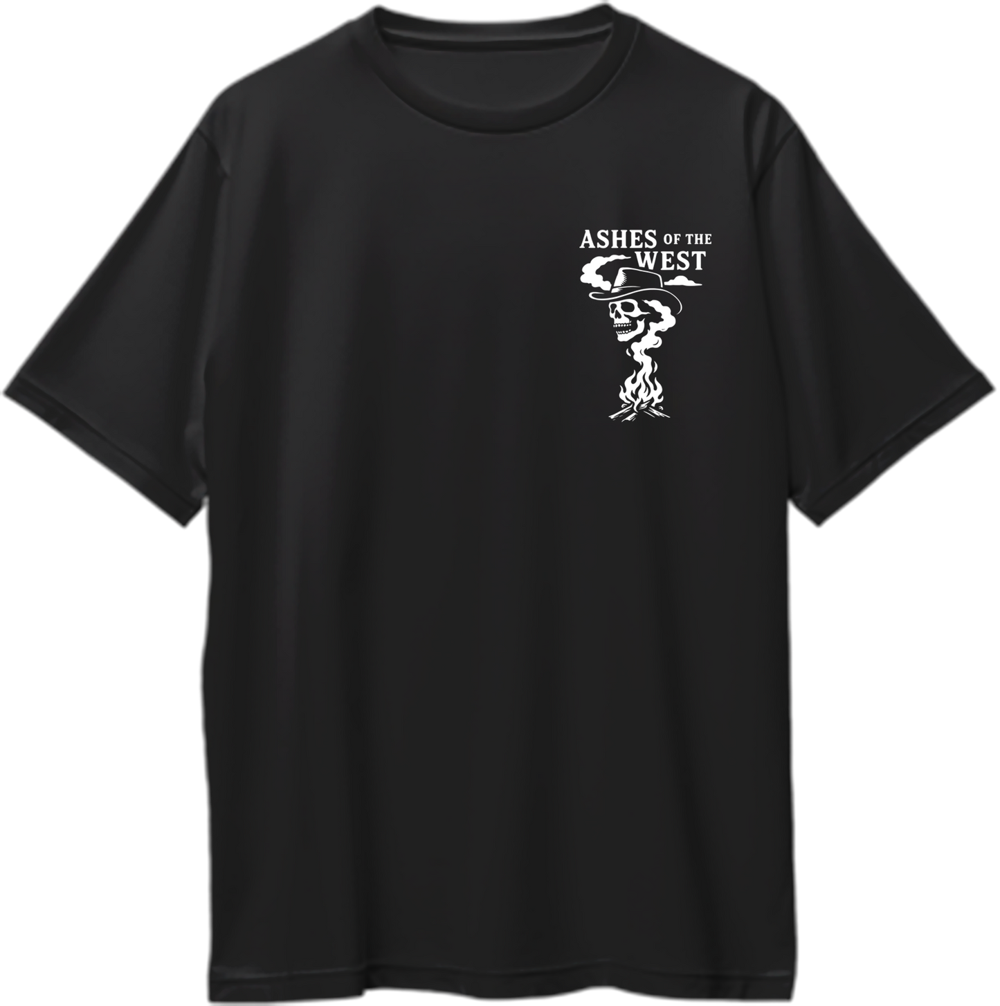Black oversized t-shirt with white chest print of smoking skull and text “Ashes of the West” – Garrari RDR2 Collection