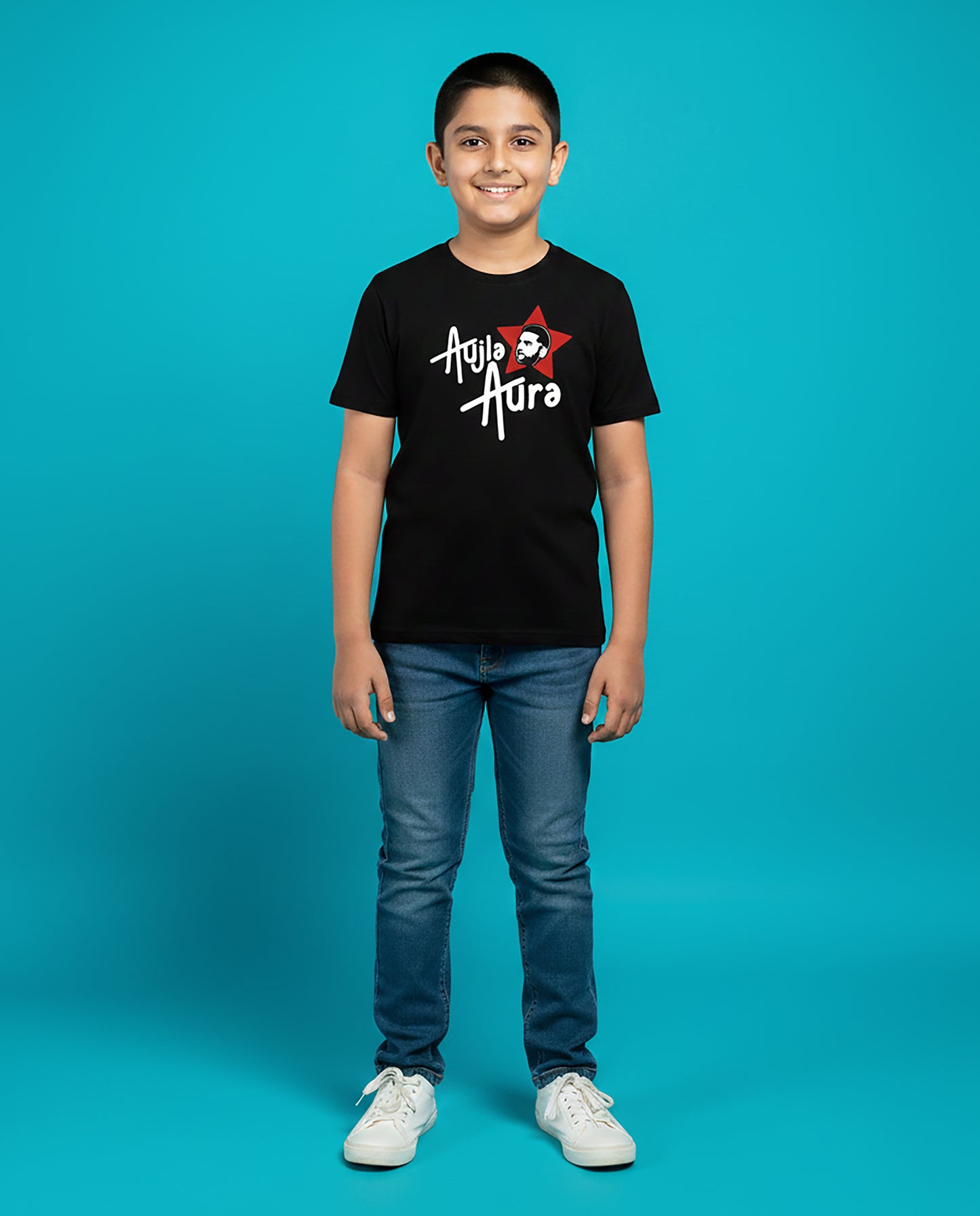 Kid wearing black Aujla Aura Karan Aujla T-Shirt with red star graphic – Garrari Kids Collection