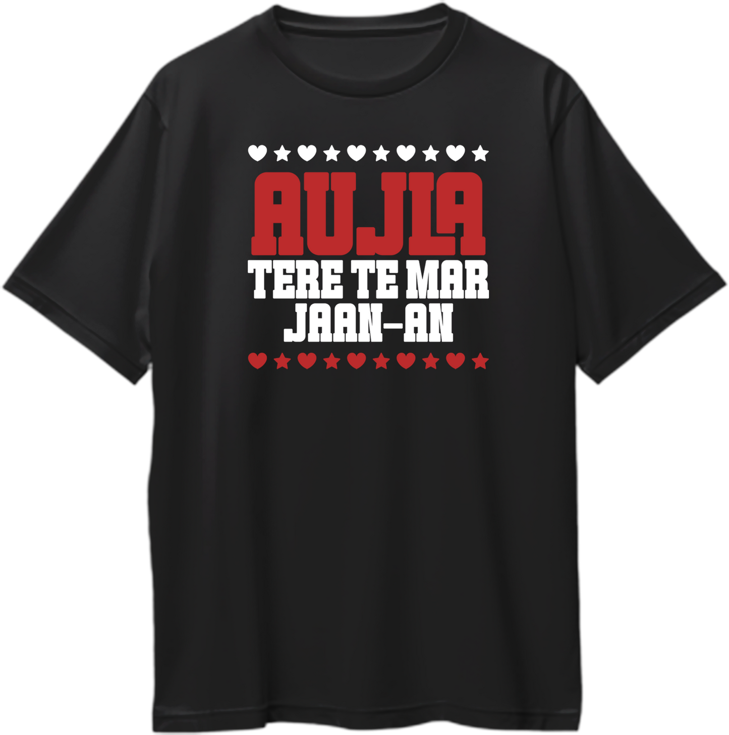 Black oversized t-shirt with red and white Aujla Tere Te Mar Jaan typography and heart/star graphics – Punjabi fan merch.