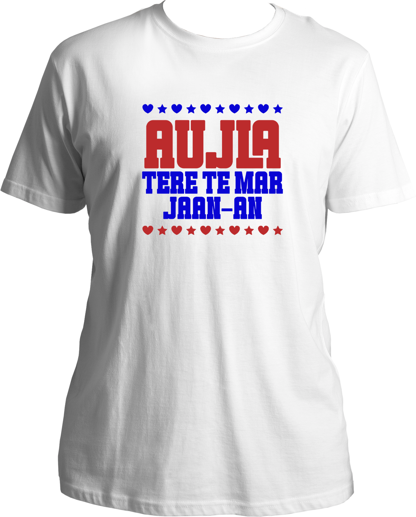 regular fit t-shirt with bold red and white/blue Aujla Tere Te Mar Jaan typography and heart/star graphics.