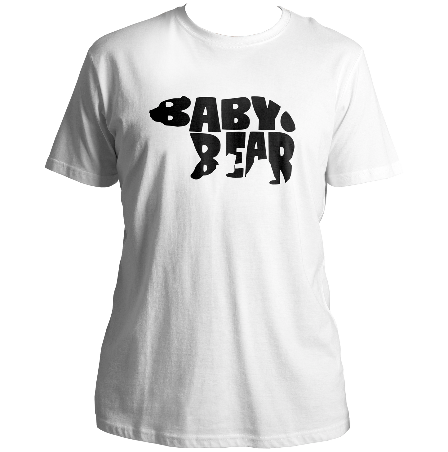 White Baby Bear Unisex T-Shirt by Garrari with dark bear-shaped Baby Bear typography graphic
