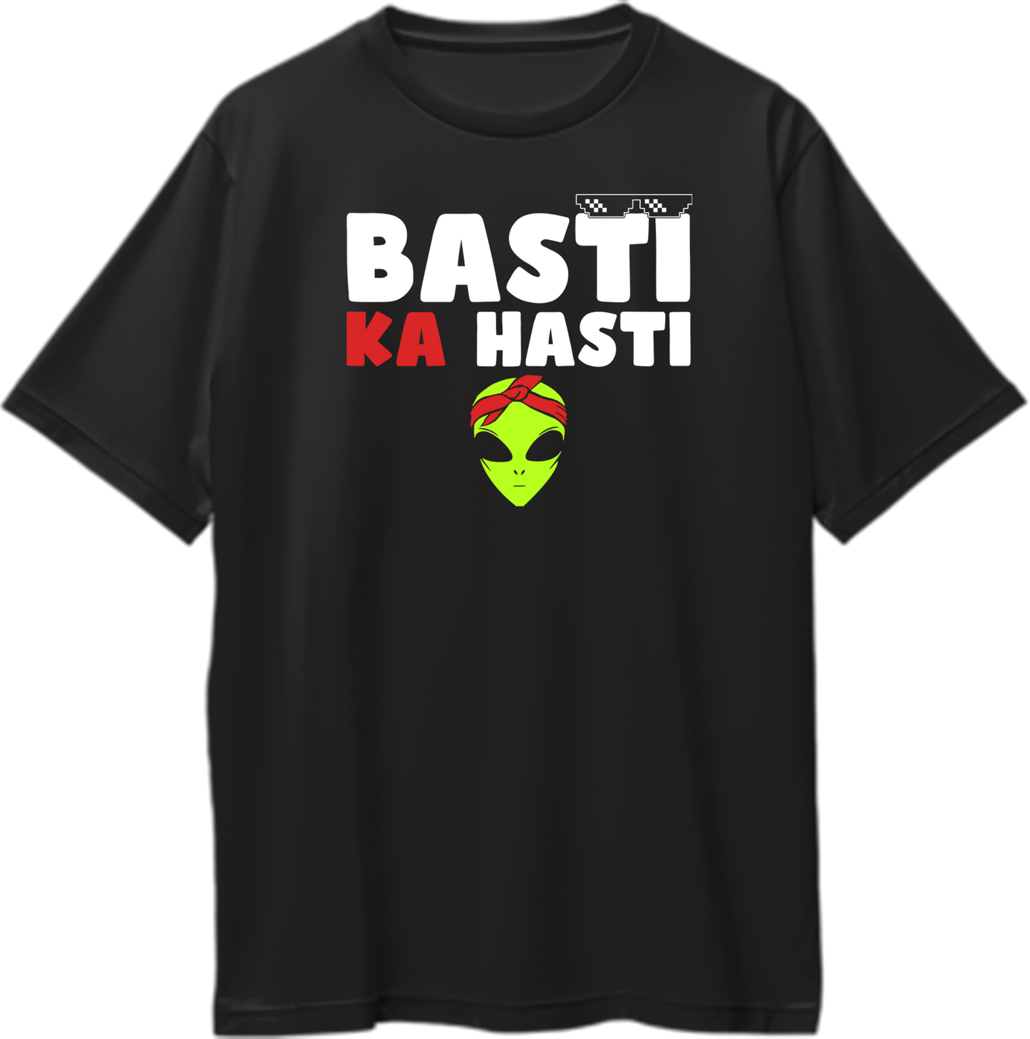 Black Basti Ka Hasti Oversized T-Shirt with alien bandana graphic and bold typography by Garrari