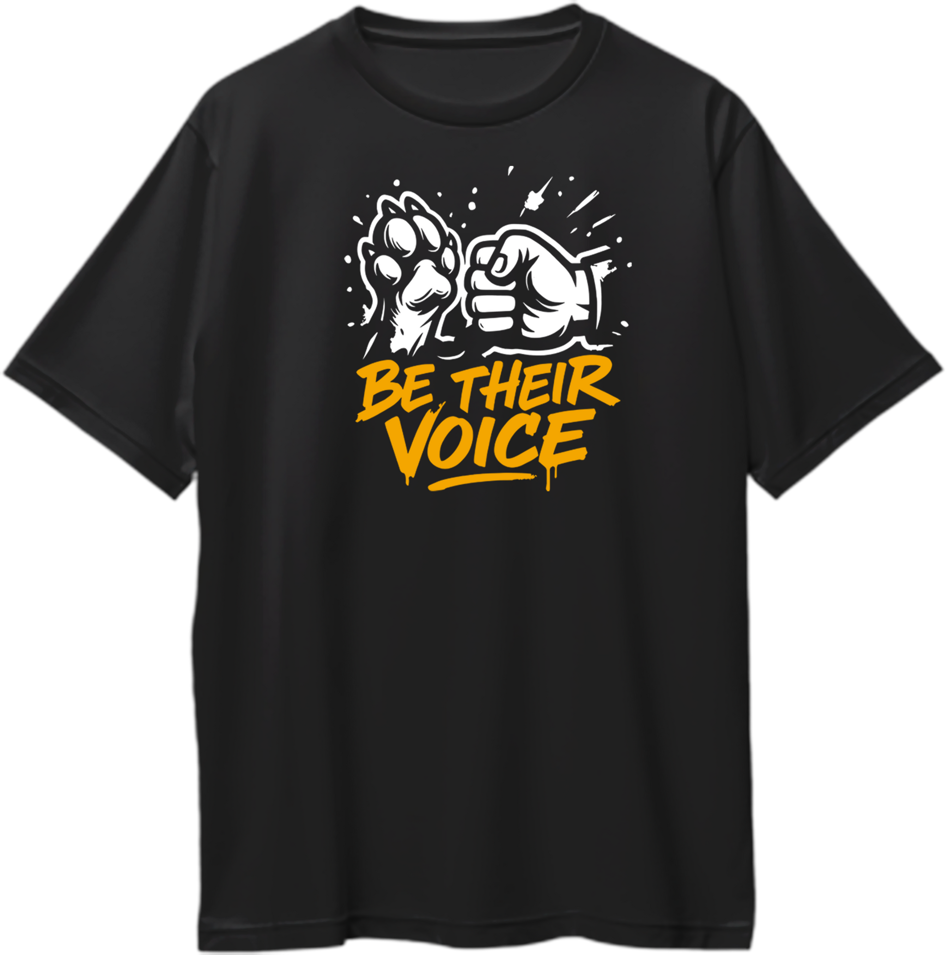 Black oversized t-shirt with “Be Their Voice” motivational animal rights design.