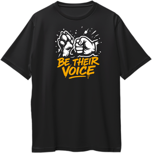 Black oversized t-shirt with “Be Their Voice” motivational animal rights design.