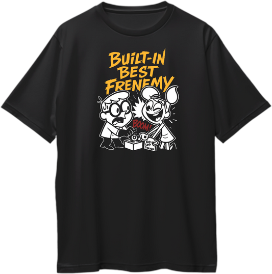 Black oversized unisex T-shirt with cartoon graphic of a brother and sister and the text “Built-In Best Frenemy” in bold yellow.