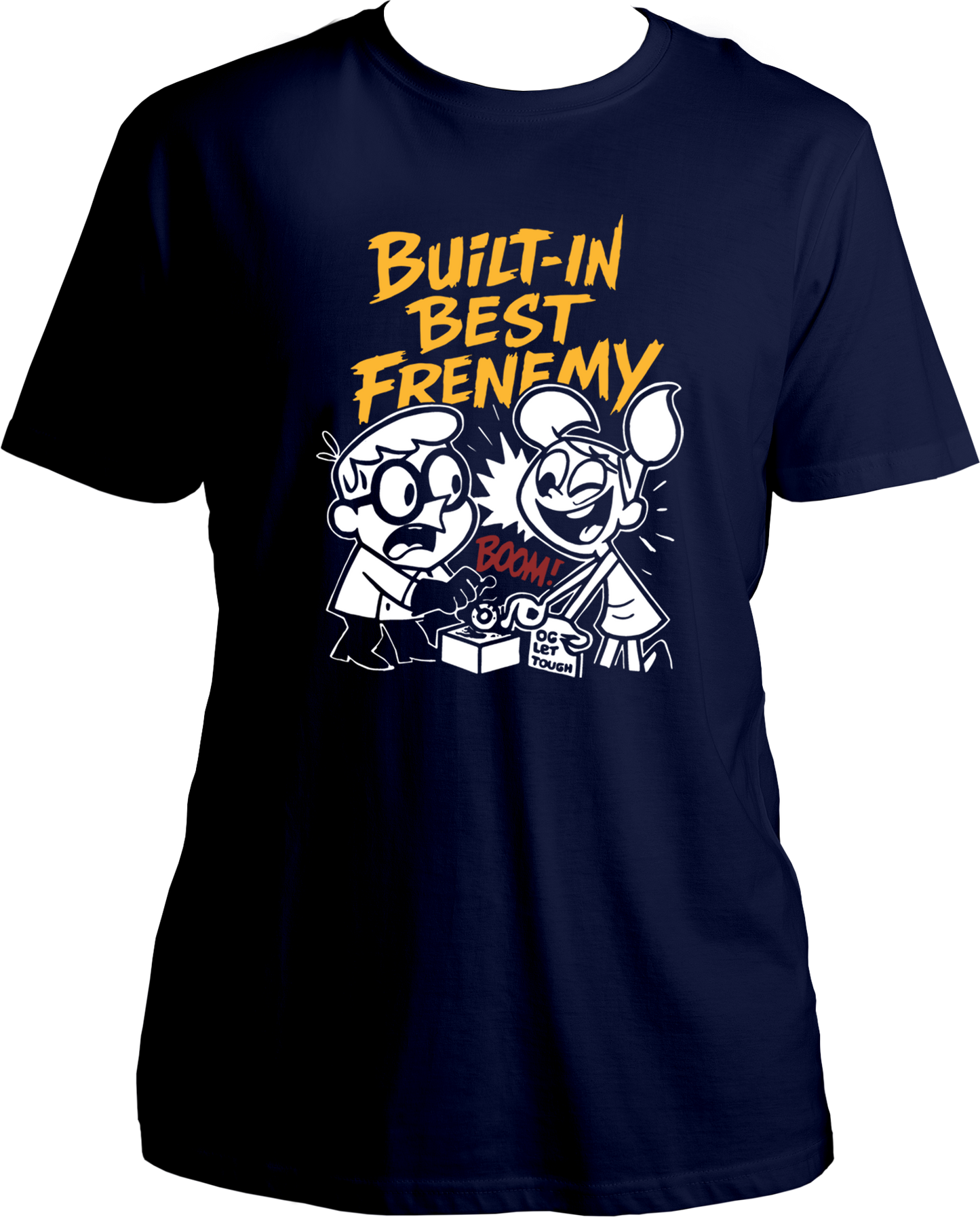 Regular fit navy blue unisex T-shirt with bold “Built-In Best Frenemy” text and a cute brother-sister cartoon graphic.