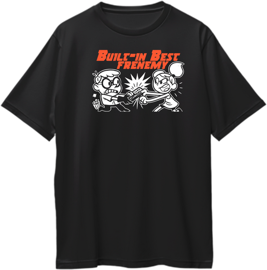 Black oversized unisex T-shirt featuring a comic-style illustration of a boy and girl sibling fighting over a remote control with bold red text that reads "Built-In Best Frenemy" — a funny Raksha Bandhan and Bhai Dooj gift for brothers and sisters.