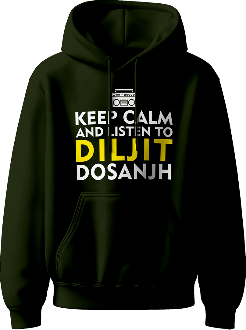 Keep Calm And Listen To Diljit Dosanjh Unisex Hoodie with the phrase “Keep Calm and Listen to Diljit,” perfect for fans of his music and his 2024 Dil-Luminati Tour.