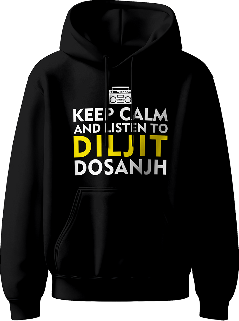 Keep Calm And Listen To Diljit Dosanjh Unisex Hoodie with the phrase “Keep Calm and Listen to Diljit,” perfect for fans of his music and his 2024 Dil-Luminati Tour.