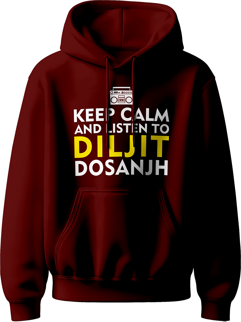 Keep Calm And Listen To Diljit Dosanjh Unisex Hoodie with the phrase “Keep Calm and Listen to Diljit,” perfect for fans of his music and his 2024 Dil-Luminati Tour.