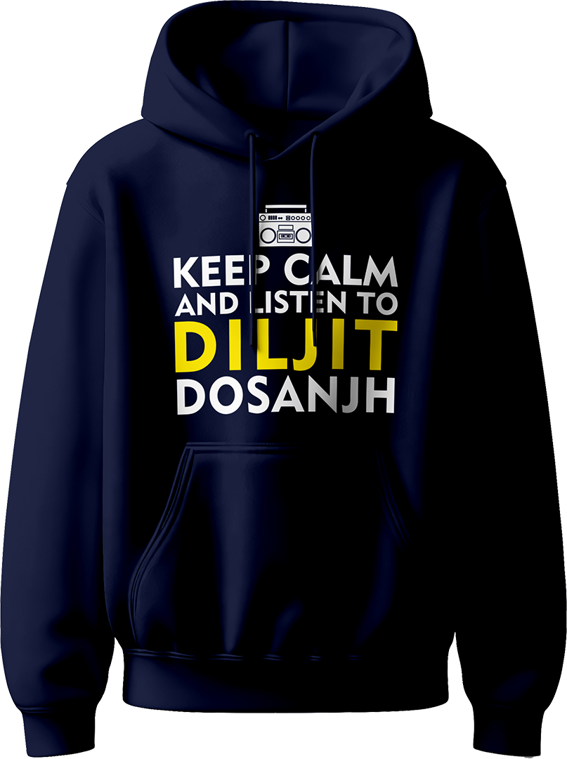 Keep Calm And Listen To Diljit Dosanjh Unisex Hoodie with the phrase “Keep Calm and Listen to Diljit,” perfect for fans of his music and his 2024 Dil-Luminati Tour.