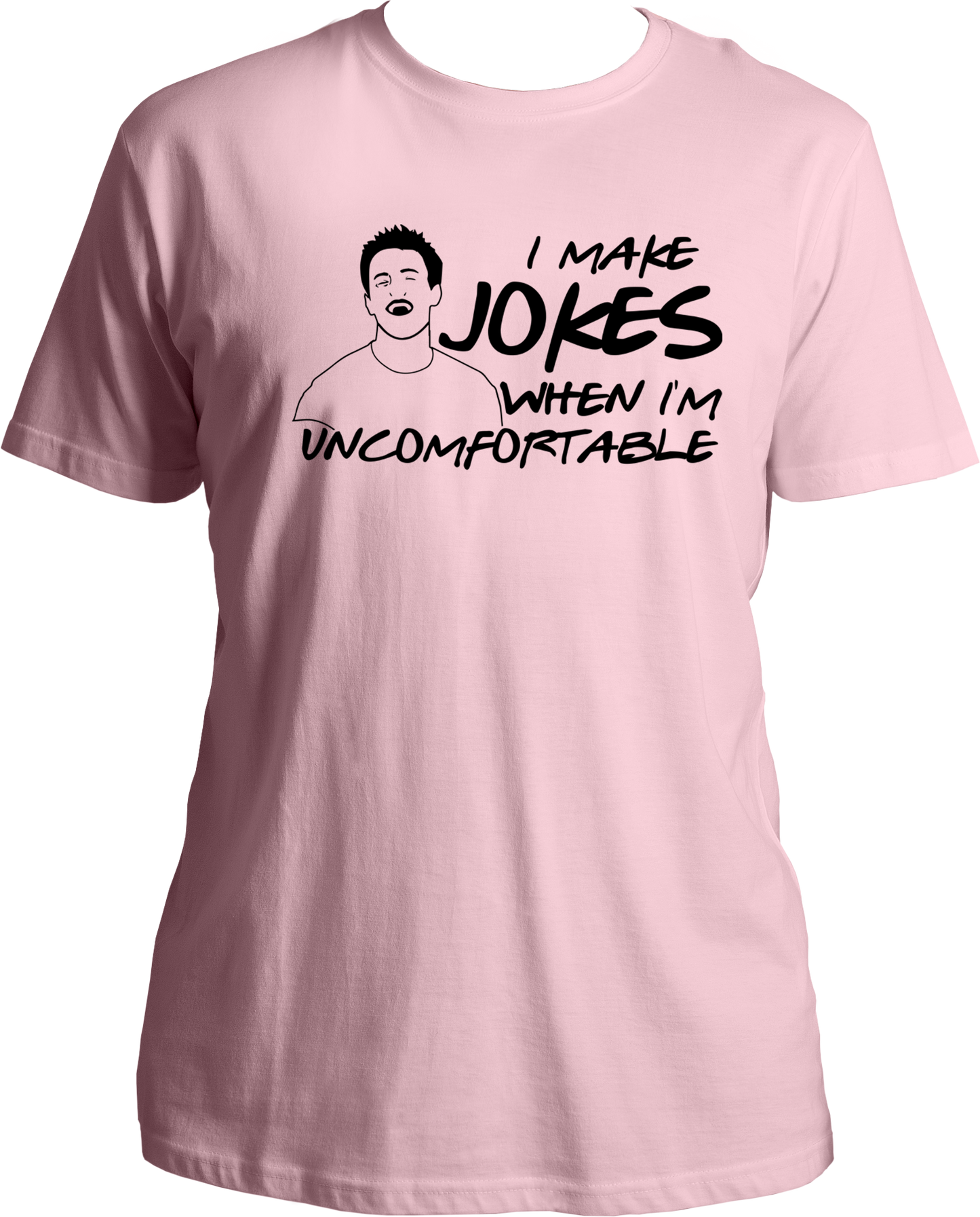 Welcome to our T-shirt haven, where we bring your favorite TV shows to life! Introducing our Round Neck T-shirt under the F.R.I.E.N.D.S. category, featuring the iconic Chandler Bing quote, "I Make Jokes When I'm Uncomfortable." Step into the world of laughter and camaraderie inspired by the legendary sitcom, Friends.