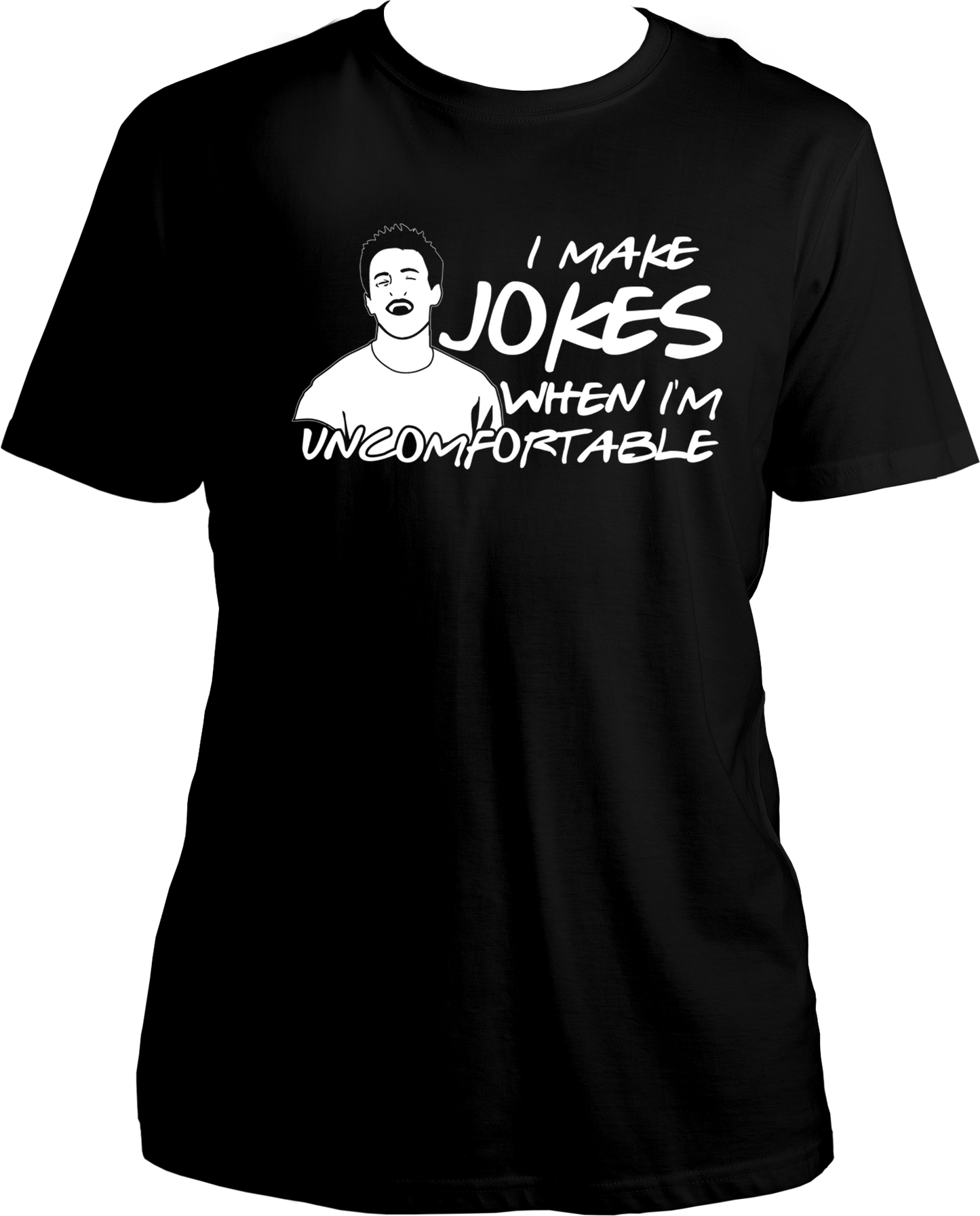 Welcome to our T-shirt haven, where we bring your favorite TV shows to life! Introducing our Round Neck T-shirt under the F.R.I.E.N.D.S. category, featuring the iconic Chandler Bing quote, "I Make Jokes When I'm Uncomfortable." Step into the world of laughter and camaraderie inspired by the legendary sitcom, Friends.