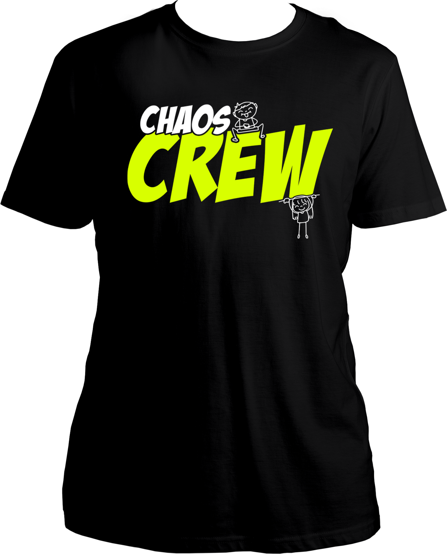 Black Regular Fit Chaos Crew T-Shirt with neon yellow text and stick-figure siblings, ideal for funny sibling gifting.