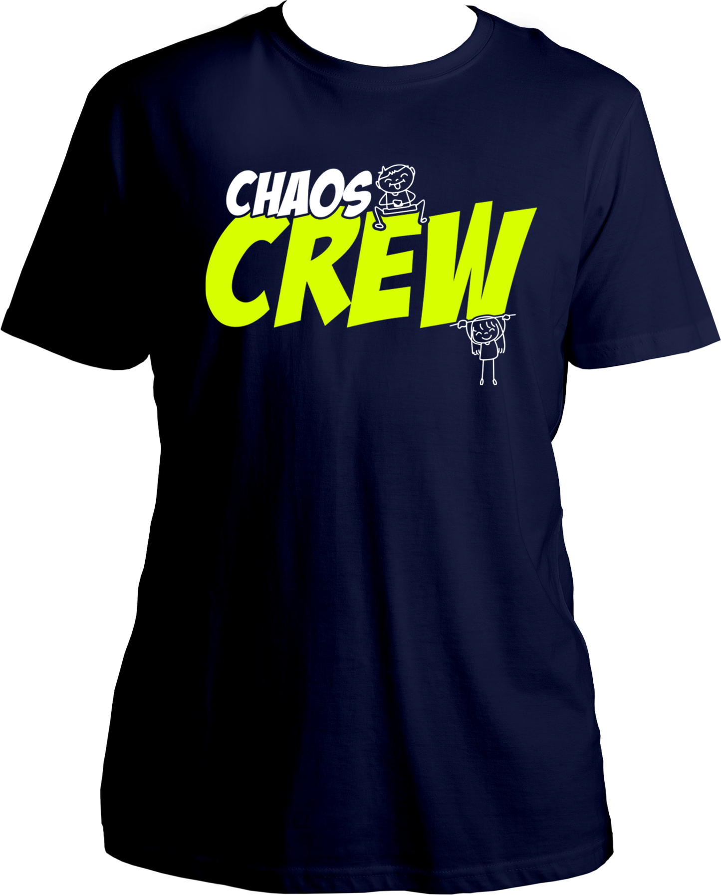 Black Regular Fit Chaos Crew T-Shirt with neon yellow text and stick-figure siblings, ideal for funny sibling gifting.