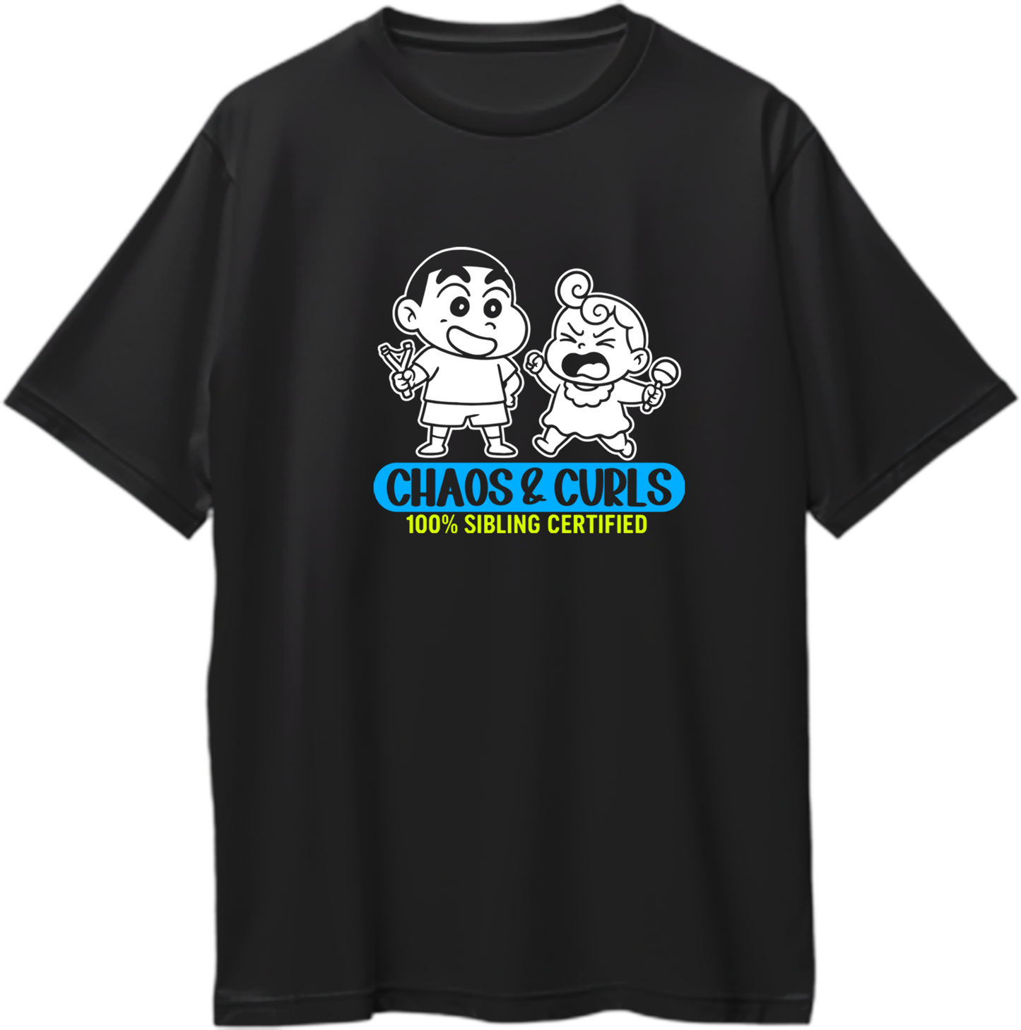 Black oversized t-shirt featuring cartoon-inspired brother and sister graphic with "Chaos & Curls – 100% Sibling Certified" text. Ideal Rakhi gift tee for siblings.