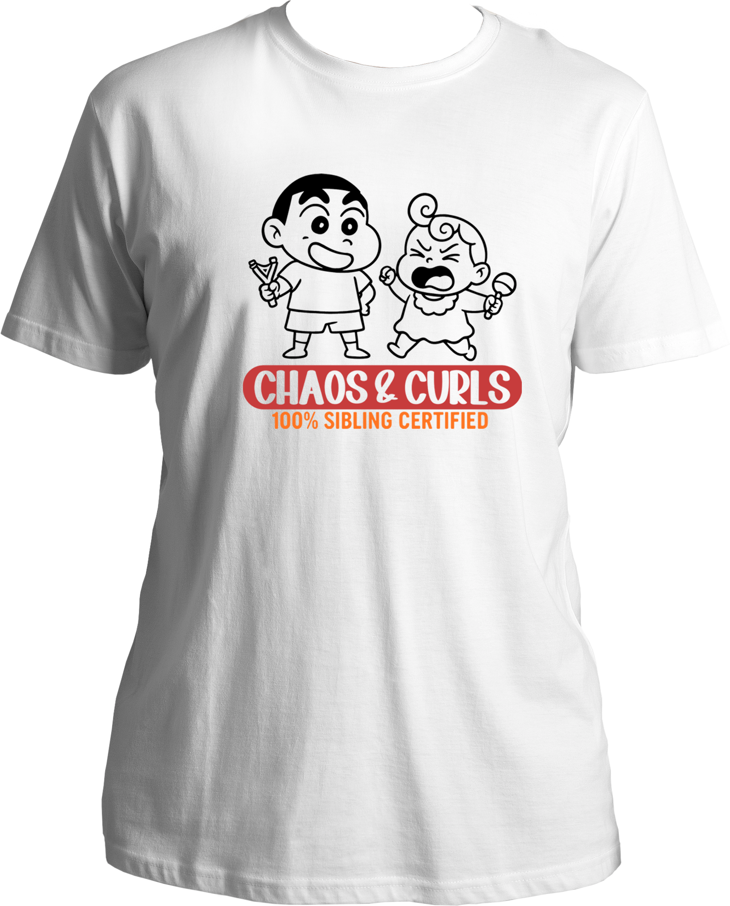Unisex white t-shirt featuring cartoon-style brother and sister graphic with Chaos & Curls text – perfect Rakhi gift for siblings.