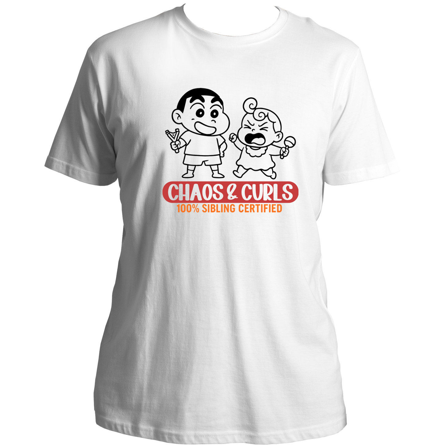 White Chaos & Curls Unisex T-Shirt by Garrari with cartoon brother-sister graphic and Chaos & Curls sibling print