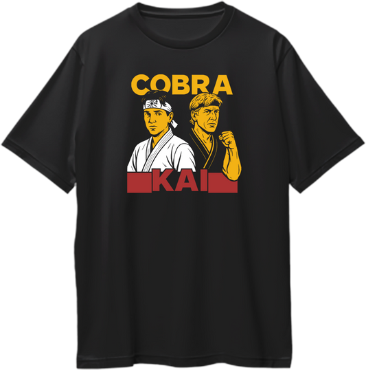 Oversized unisex Cobra Kai T-shirt with karate duo graphic and bold logo in yellow and red