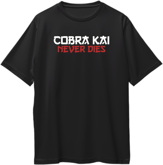 Oversized unisex Cobra Kai T-shirt with bold Cobra Kai Never Dies slogan graphic in vivid colors