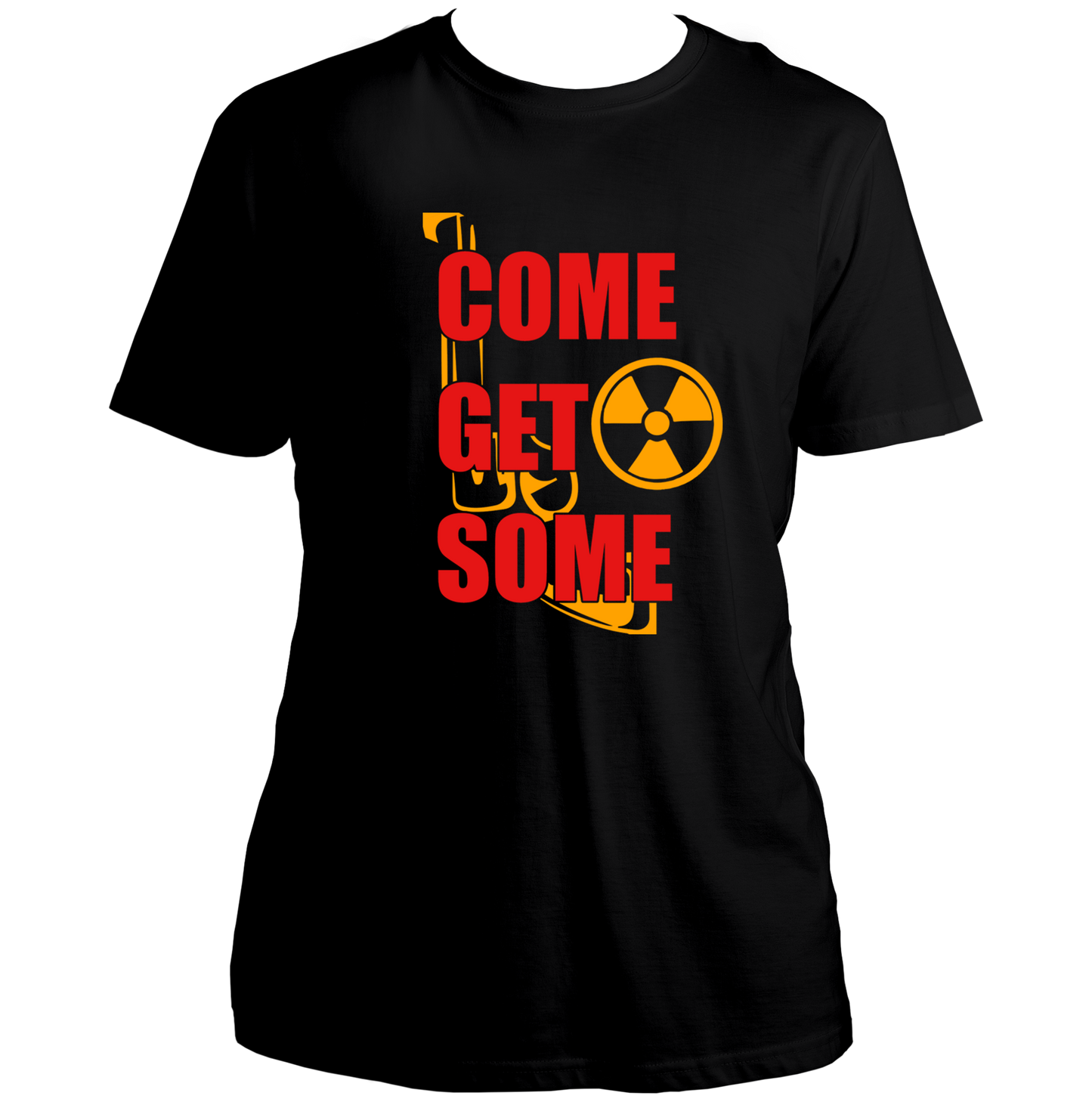 Black Come Get Some Unisex T-Shirt with action-game style typography and graphic print by Garrari