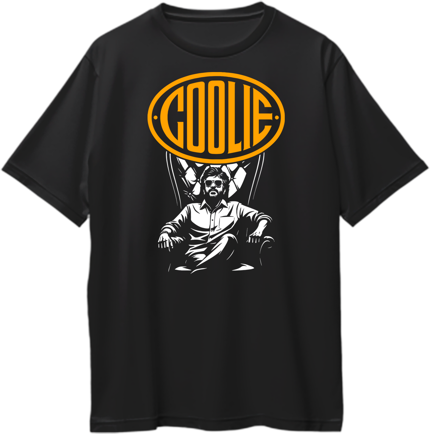 Black oversized unisex t-shirt with Coolie movie-inspired Superstar graphic and yellow COOLIE logo above a seated man in a royal chair.