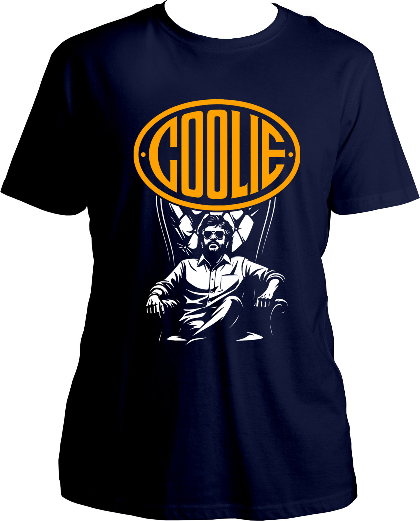 Navy Blue unisex t-shirt with Coolie movie-inspired Superstar graphic and yellow COOLIE logo above a seated man in a royal chair.