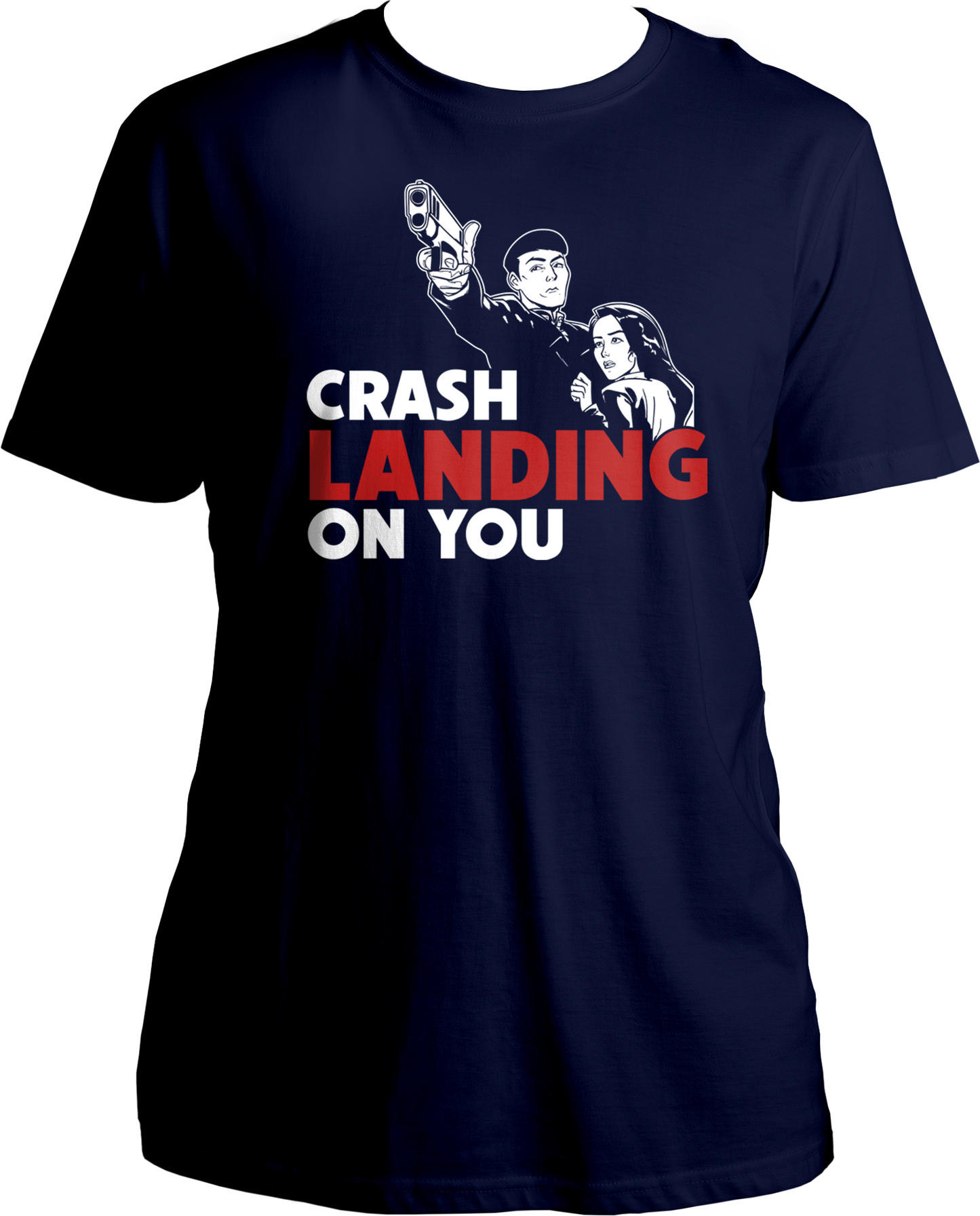 A stylish unisex t-shirt featuring a design inspired by the popular K-Drama "Crash Landing On You," perfect for fans of the series.