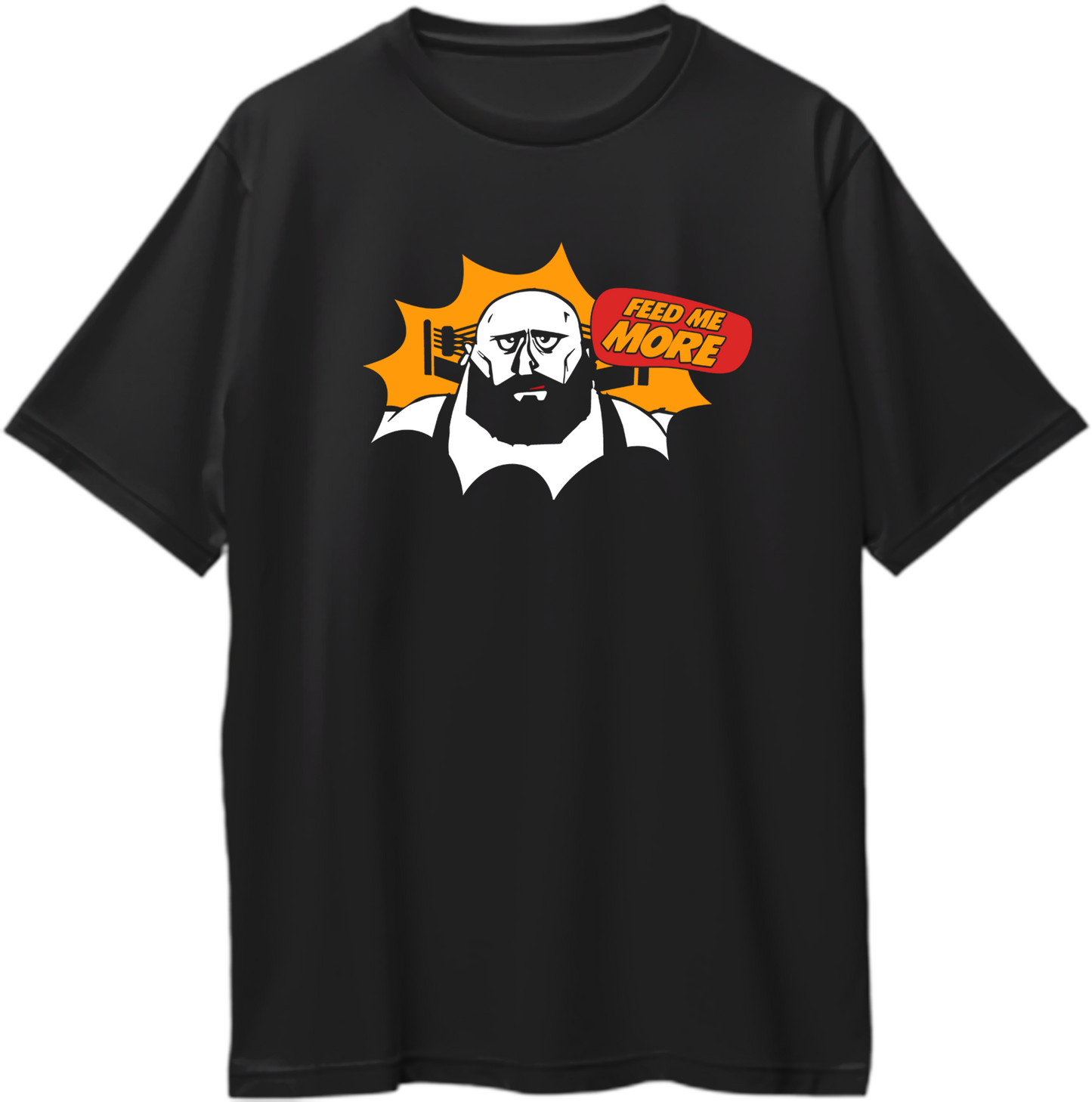 Black Feed Me More Oversized T-Shirt with bold food lover character graphic and speech bubble by Garrari
