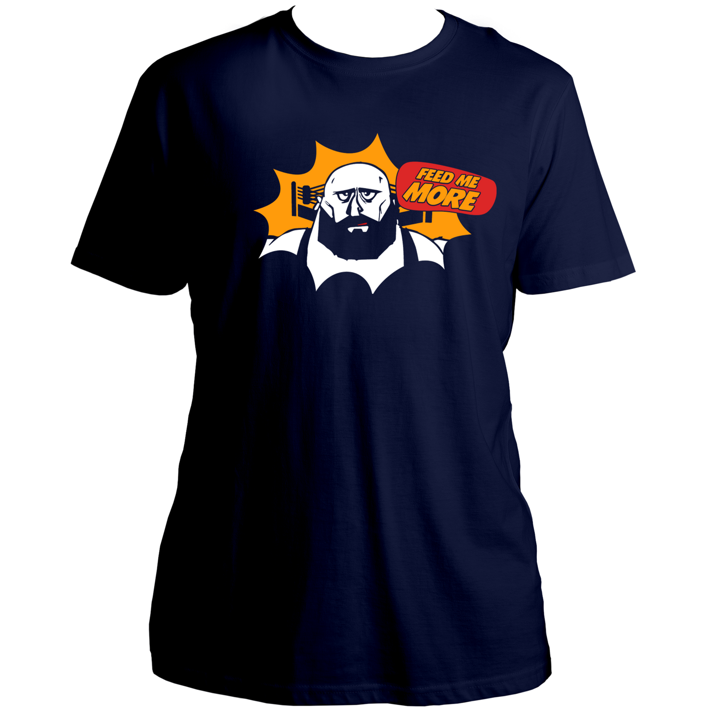 Navy Blue Feed Me More Unisex T-Shirt with bold Feed Me More foodie print by Garrari