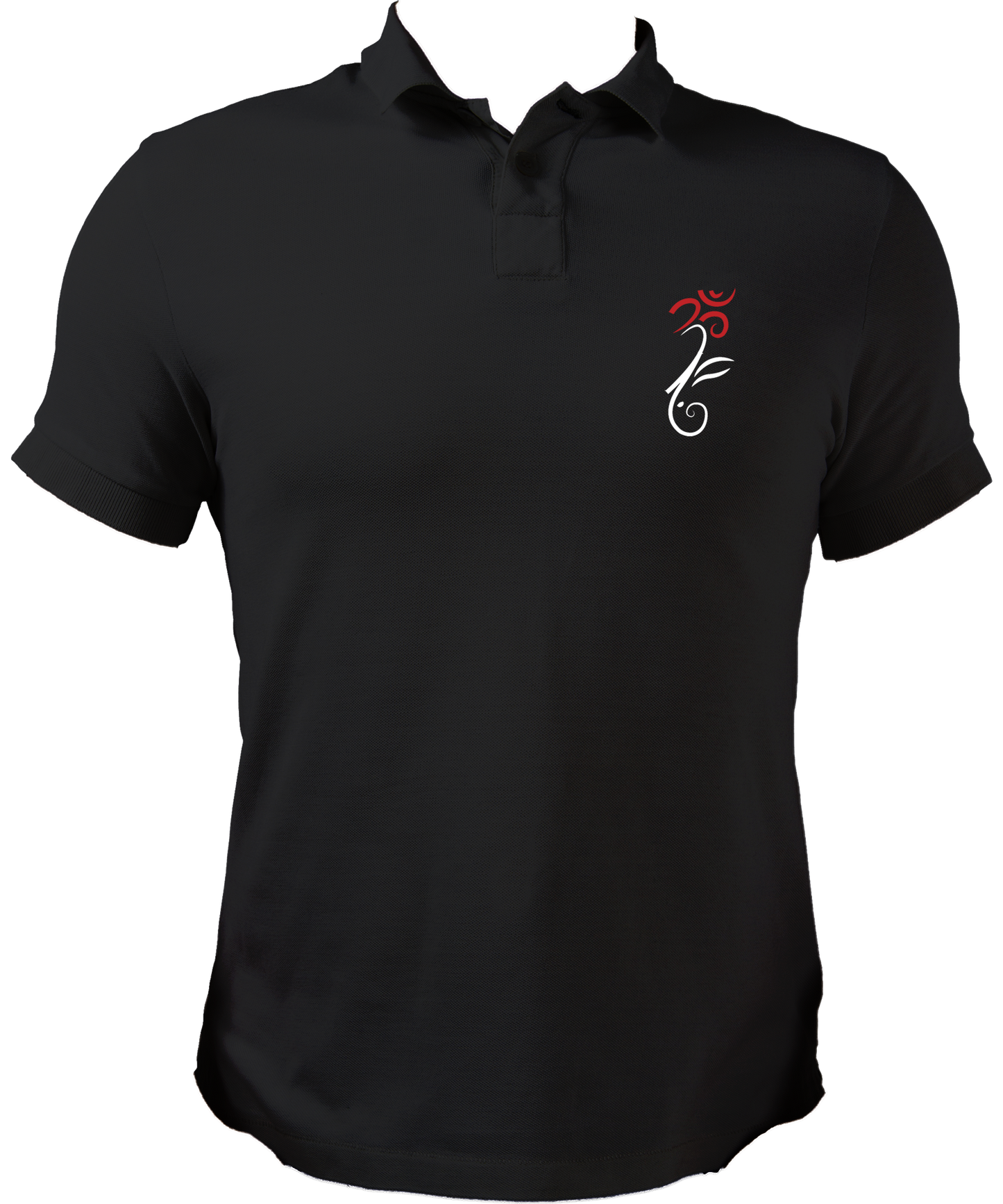 Front view of Om Ganesha Unisex Polo T-Shirt with small Om Ganesha print on the pocket.