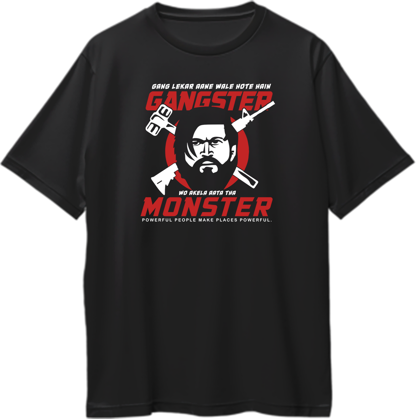 Front view of He’s A Monster KGF Oversized Unisex T-Shirt with bold dialogue and graphic of Rocky Bhai.