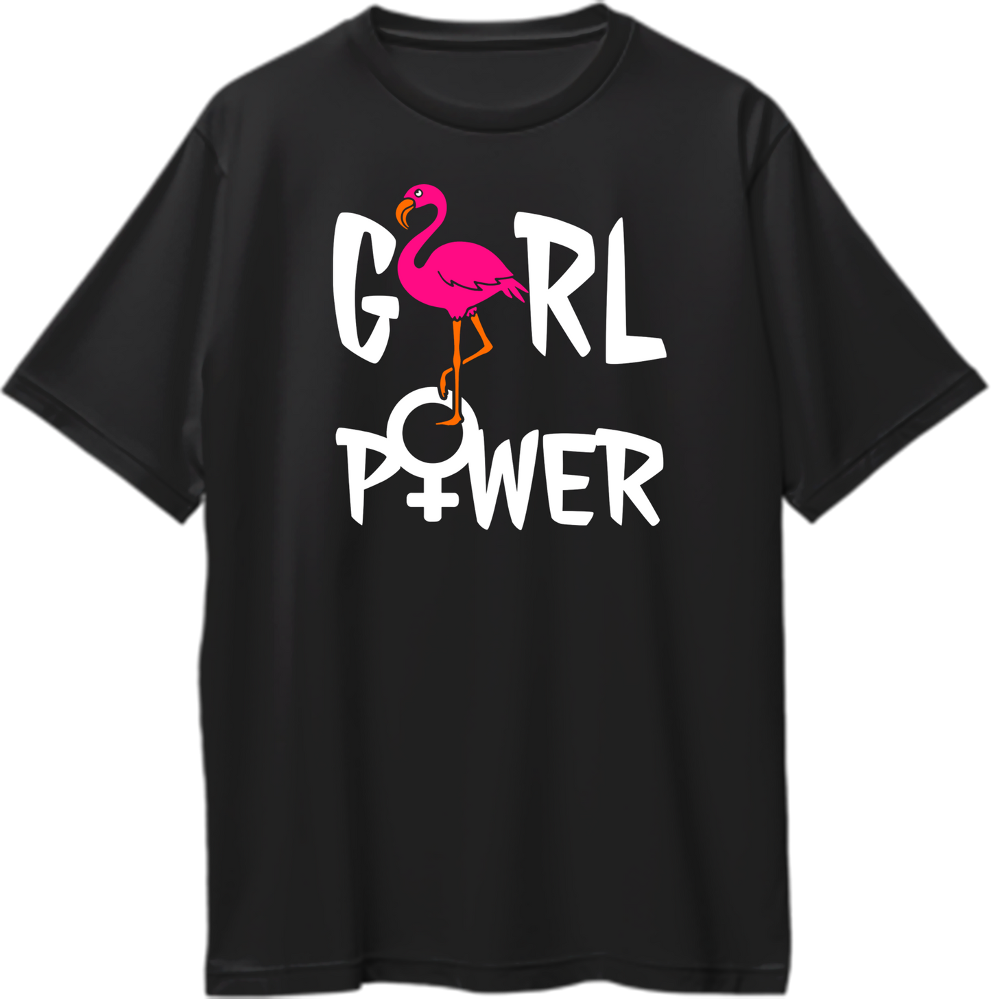 Black Girl Power Oversized T-Shirt with pink flamingo graphic, white typography, and female-symbol detail by Garrari