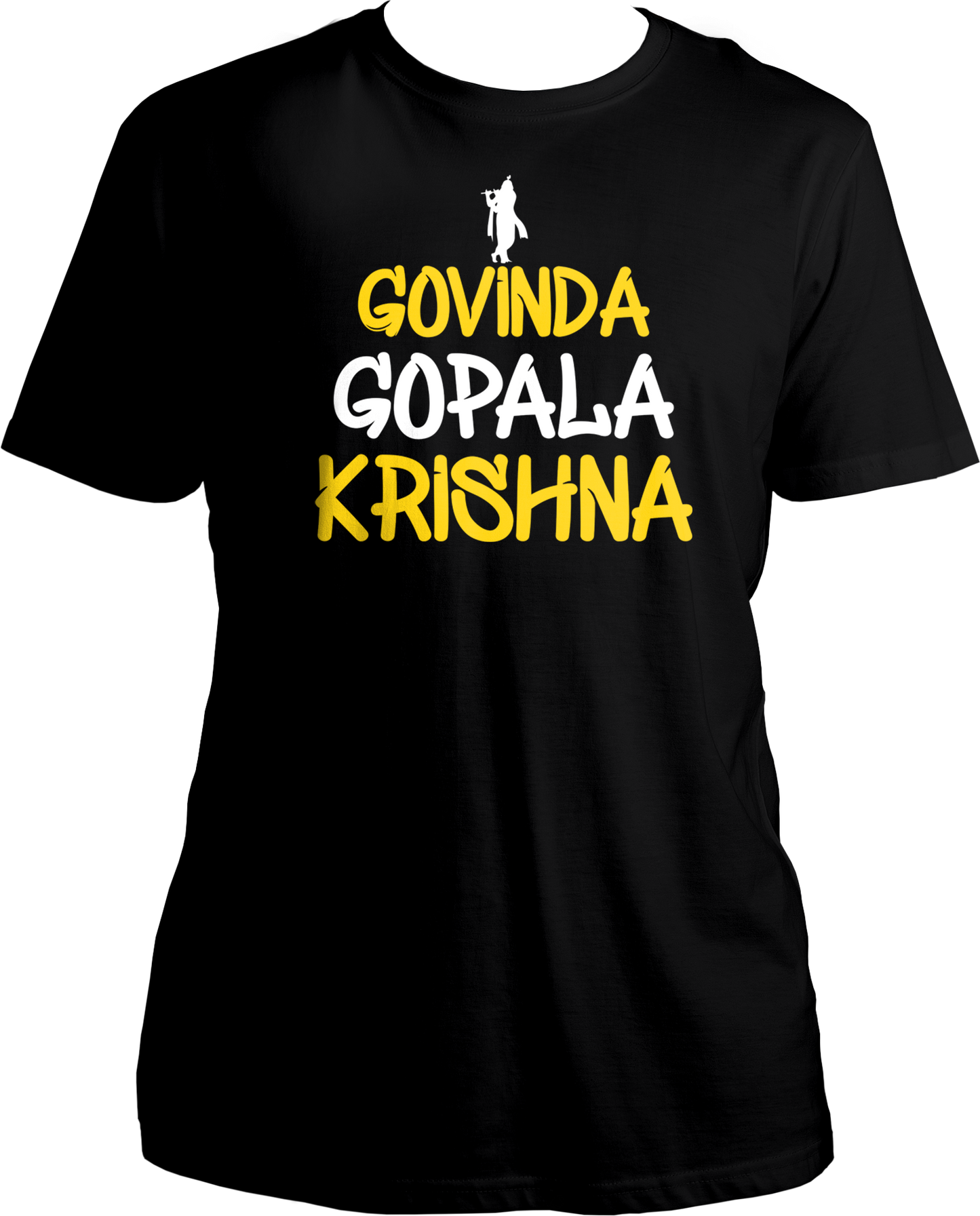 Govinda Gopala Krishna Unisex T-Shirt with Shri Krishna's divine names. Devotee wearing Govinda Gopala Krishna Unisex T-Shirt, symbolizing devotion