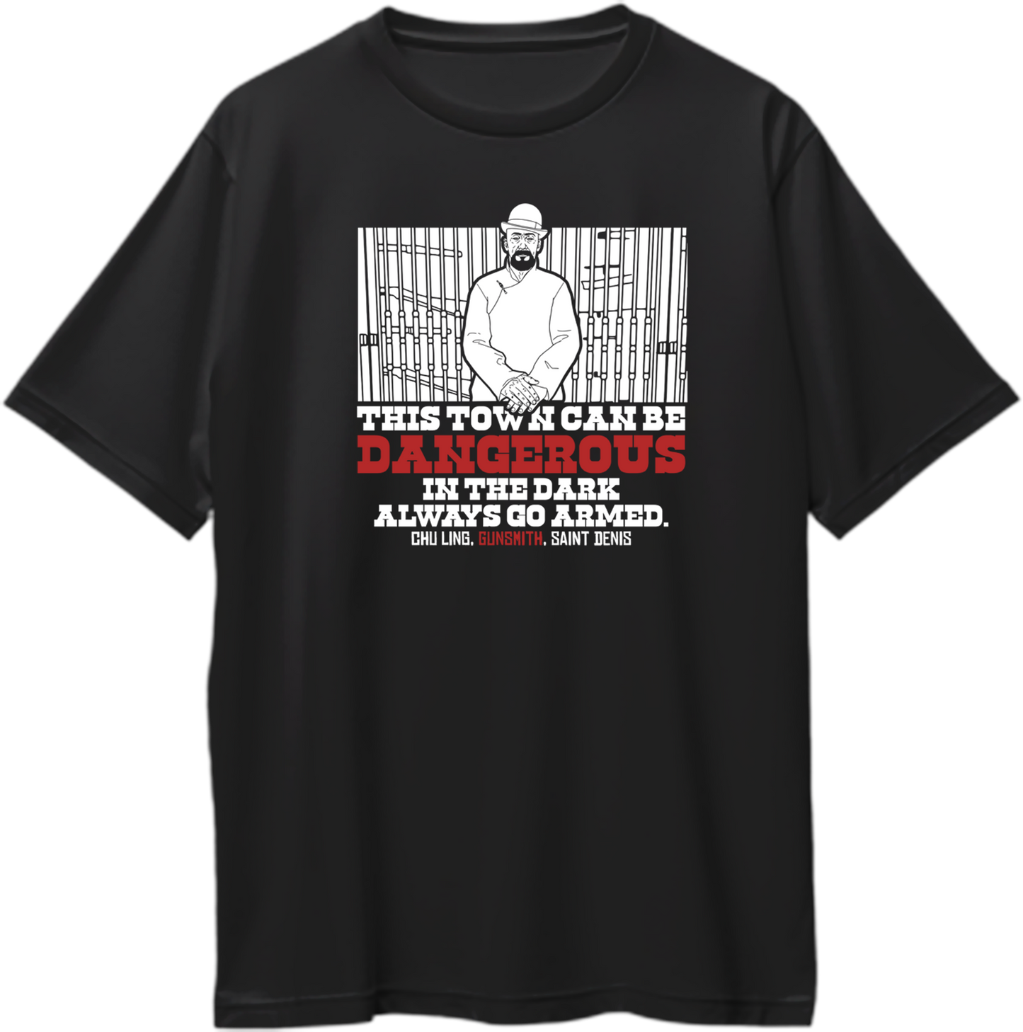 Black oversized t-shirt featuring Saint Denis Gunsmith Chu Ling with quote “This town can be dangerous in the dark. Always go armed.” – Garrari RDR2 Collection.
