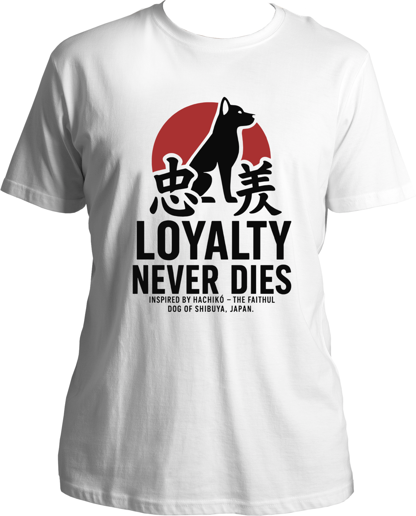 Loyalty Never Dies Hachikō Unisex T-Shirt in black with Japanese Kanji, red sun, and dog silhouette design