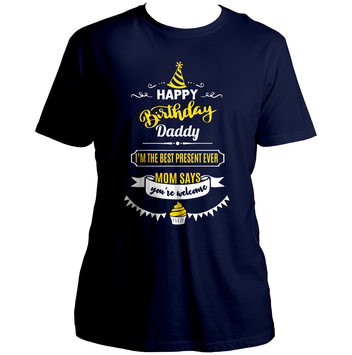 Navy Blue Happy Birthday Daddy Unisex T-Shirt by Garrari for son or daughter celebrating dad's birthday