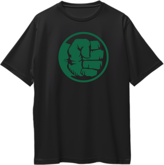 "Oversized unisex t-shirt featuring a large green fist, symbolizing unstoppable strength and power."