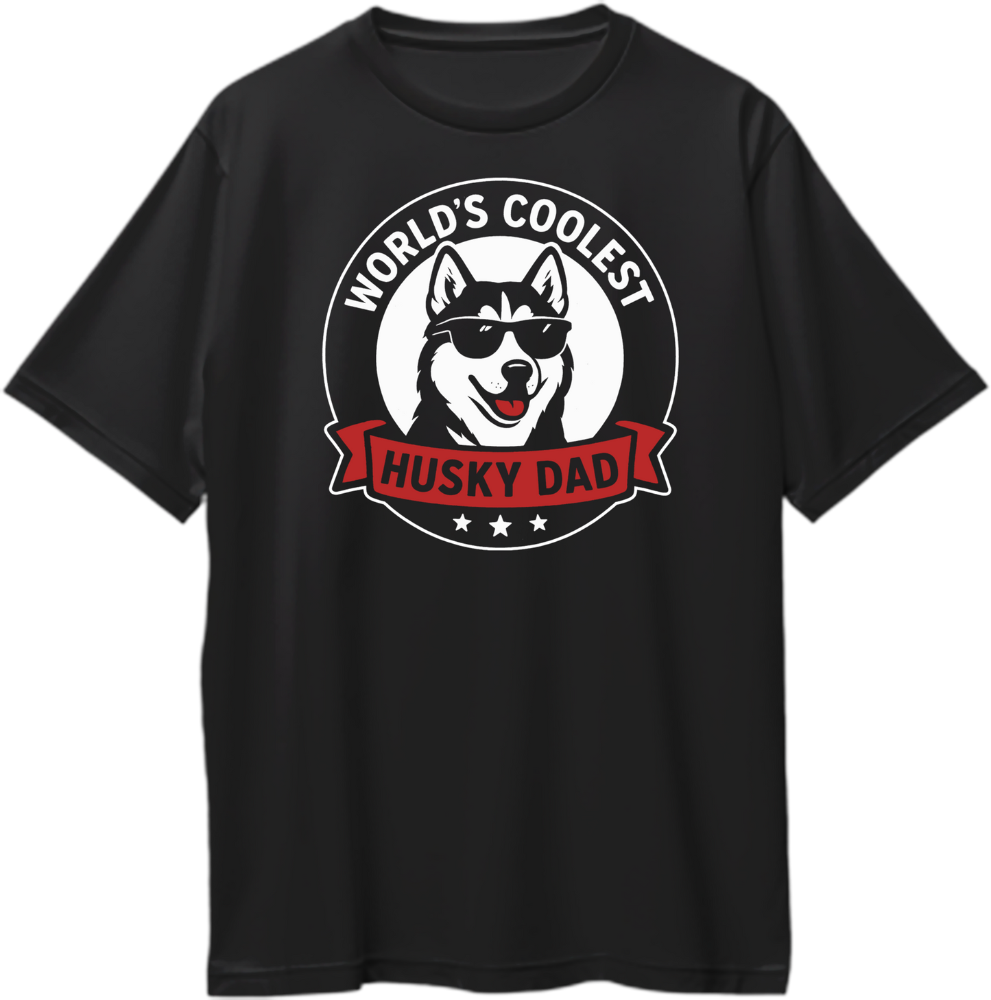 Black oversized t-shirt with “World’s Coolest Husky Dad” graphic