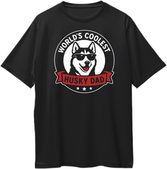 Black oversized t-shirt with “World’s Coolest Husky Dad” graphic